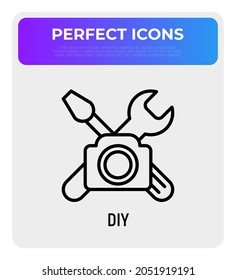 DIY video thin line icon: camera with work tools. Modern vector illustration for blogger logo.