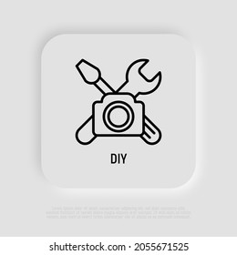 DIY video thin line icon: camera with work tools. Modern vector illustration for blogger logo.