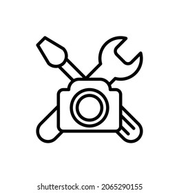 DIY video thin line icon: camera with work tools. Modern vector illustration for blogger logo.