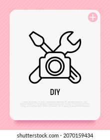 DIY video thin line icon: camera with work tools. Modern vector illustration for blogger logo.