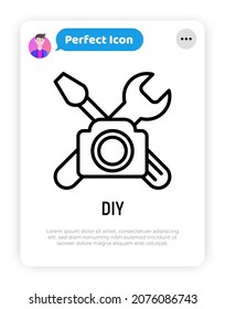 DIY video thin line icon: camera with work tools. Modern vector illustration for blogger logo.