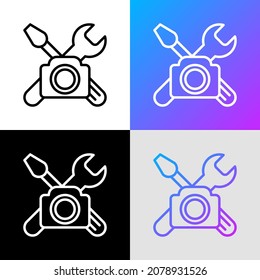 DIY video thin line icon: camera with work tools. Modern vector illustration for blogger logo.