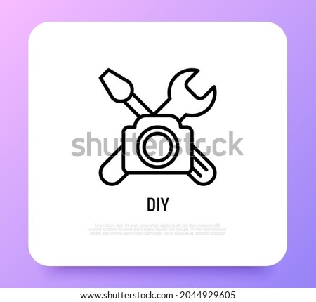 DIY video thin line icon: camera with work tools. Modern vector illustration for blogger logo.