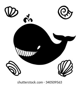 DIY whale card or pattern. Black on white.