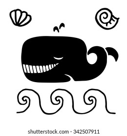 DIY whale card or pattern. Black on white.