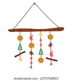 DIY winter Christmas decor. New Year's holiday driftwood ornaments. Drawing tree branch with hanging decorations. Eco-friendly Xmas decorations made paper and textiles. Flat isolated illustration.