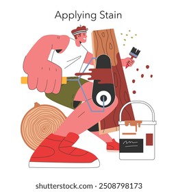 DIY Woodworking concept. Enthusiastic individual applying stain to wood, showcasing a hands-on approach to crafting. Home project, sawdust, and tools. Vector illustration.