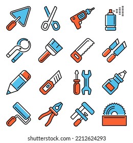DIY Work Tool Icons Set on White Background. Vector illustration