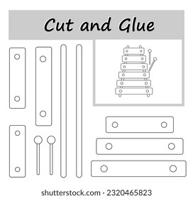 hoja de cálculo DIY. Color, cortar partes de la imagen y pegar en el papel. Ilustración vectorial del xilófono. 