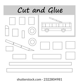 DIY worksheet. Color, cut parts of the image and glue on the paper. Vector illustration of trolleybus from geometric shapes. 