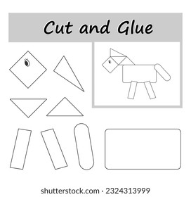 DIY worksheet. Color, cut parts of the image and glue on the paper. Vector illustration of cartoon horse. 