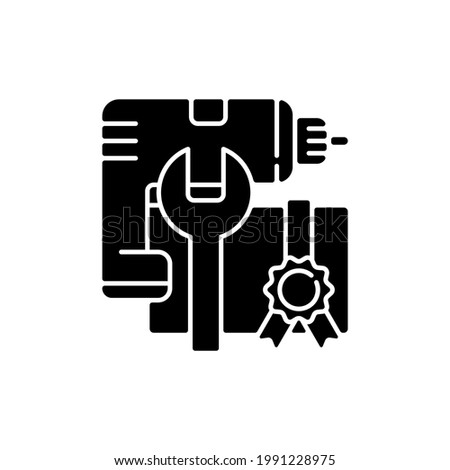 DIY workshop black glyph icon. Getting proffesional skill with power drill and hummer. Use hammer properly. Reaching goal. Silhouette symbol on white space. Vector isolated illustration