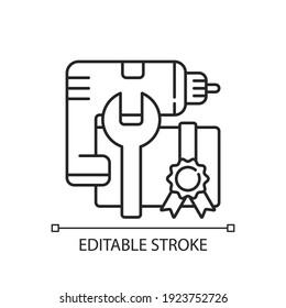 DIY workshop linear icon. Getting proffesional skill with power drill and hummer. Reaching goal. Thin line customizable illustration. Contour symbol. Vector isolated outline drawing. Editable stroke