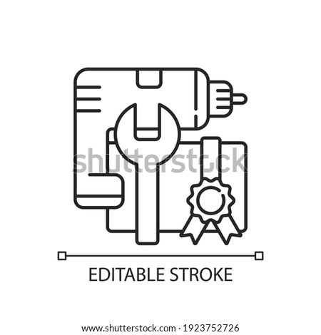 DIY workshop linear icon. Getting proffesional skill with power drill and hummer. Reaching goal. Thin line customizable illustration. Contour symbol. Vector isolated outline drawing. Editable stroke