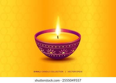 Diya candle lamp for Diwali festival on yellow background, vector illustration design