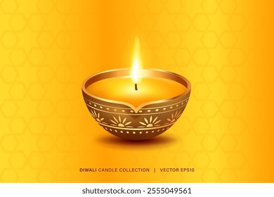 Diya candle lamp for Diwali festival on yellow background, vector illustration design