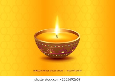 Diya candle lamp for Diwali festival on yellow background, vector illustration design