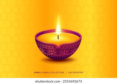 Diya candle lamp for Diwali festival on yellow background, vector illustration design