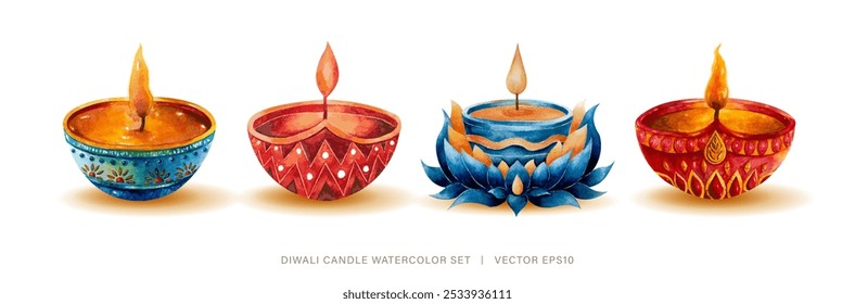 Vela Diya Diwali conjunto para festival de luz, pintura aquarela sobre fundo branco