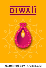 Diya diwali view from the top on rangoli yellow background with lettering text Diwali in modern style