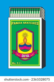 diya, diyo, deya, deeya, dia, divaa, profunda, profunda, profunda, profunda, profunda, profunda o saaki es una ilustración de lámpara de aceite en Matchbox. Diseño de empaque antiguo antiguo de casquillo. embalaje de estilo retro. estilo antiguo. cuadro abierto