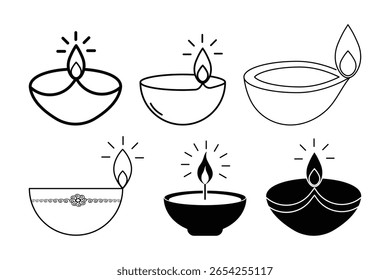 Diya flame festive glow vector icon set for traditional Diwali decoration Indian Hindu cultural celebration religious light symbol design.