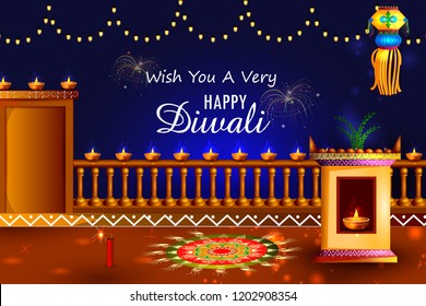 Diya and hanging Lamp on Happy Diwali night celebrating holiday of India. Vector illustration