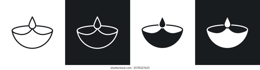 Diya icons vectors set in black. line and flat versions