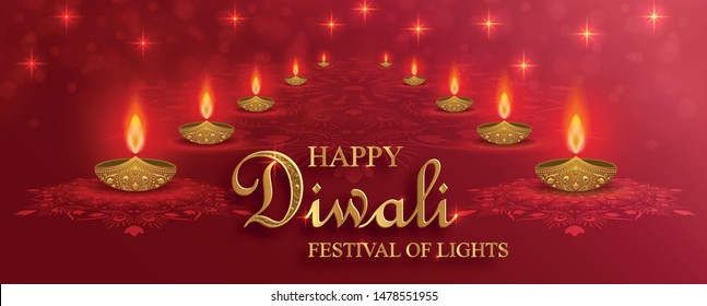 Diya lamp with fire lighting for Diwali, Deepavali or Dipavali, the indian festival of lights on color background