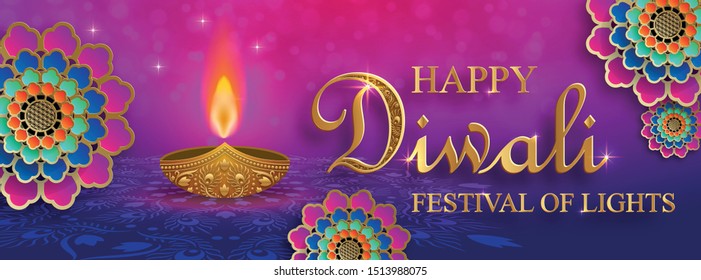 Diya lamp with fire lighting for Diwali, Deepavali or Dipavali, the indian festival of lights on color background