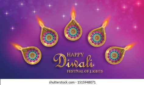 Diya lamp with fire lighting for Diwali, Deepavali or Dipavali, the indian festival of lights on color background