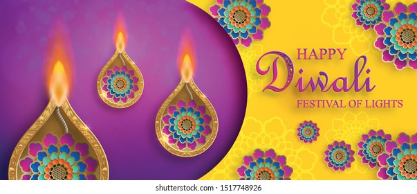 Diya lamp with fire lighting for Diwali, Deepavali or Dipavali, the indian festival of lights on color background