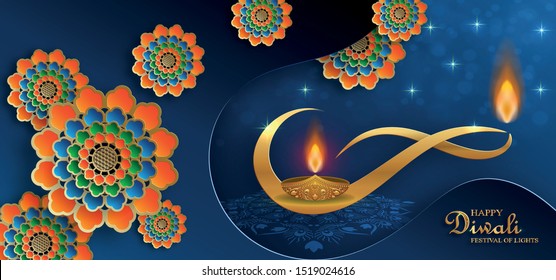 Diya lamp with fire lighting for Diwali, Deepavali or Dipavali, the indian festival of lights on color background