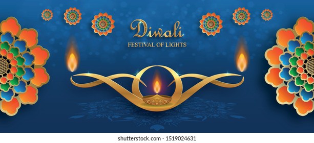 Diya lamp with fire lighting for Diwali, Deepavali or Dipavali, the indian festival of lights on color background