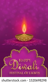 Diya lamp with fire lighting for Diwali, Deepavali or Dipavali, the indian festival of lights on color background
