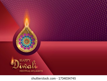 Diya lamp with fire lighting for Diwali, Deepavali or Dipavali, the indian festival of lights on color background