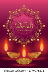 Diya lamp with fire lighting for Diwali, Deepavali or Dipavali, the indian festival of lights on color background