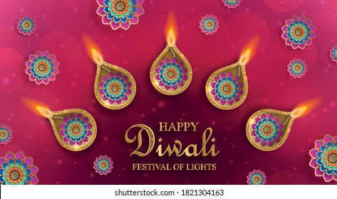 Diya lamp with fire lighting for Diwali, Deepavali or Dipavali, the indian festival of lights on color background