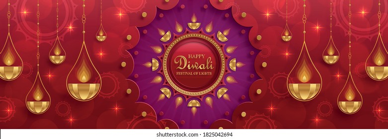 Diya lamp with fire lighting for Diwali, Deepavali or Dipavali, the indian festival of lights on color background