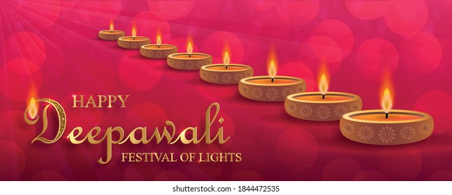 Diya lamp with fire lighting for Diwali, Deepavali or Dipavali, the indian festival of lights on color background
