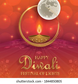 Diya lamp with fire lighting for Diwali, Deepavali or Dipavali, the indian festival of lights on color background
