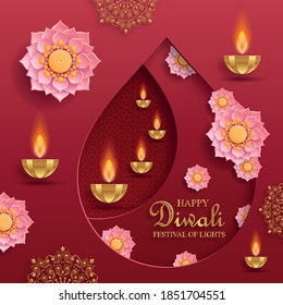 Diya lamp with fire lighting for Diwali, Deepavali or Dipavali, the indian festival of lights on color background