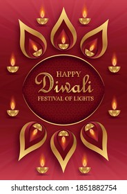 Diya lamp with fire lighting for Diwali, Deepavali or Dipavali, the indian festival of lights on color background