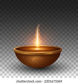 Diya lamp with Hindu pattern isolated on transparent background for Diwali festival of light. Burning flame with particles. 3D vector illustration for holiday. EPS 10