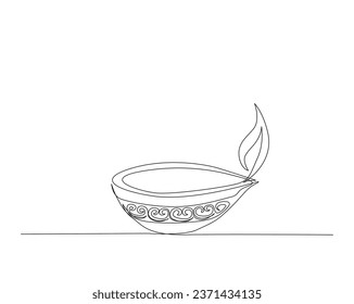 Diya lamp or oil lamp outline vector design. Continuous one line drawing of diwali oil lamp. Editable stroke.