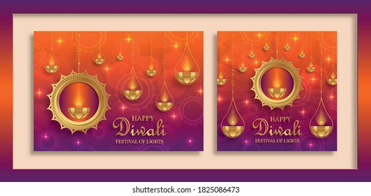 Diya lamp set with fire lighting for Diwali, Deepavali or Dipavali, the indian festival of lights on color background