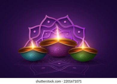 Diya lamps with traditional mandala ornament burning for Diwali holiday of lights. Trendy greeting card in Indian style. Stylish festive cover design. 3D vector illustration. EPS 10