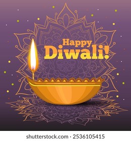 Diya, oil lamp, on the background with decorative rangoli and greeting text for Diwali, vector image, eps10