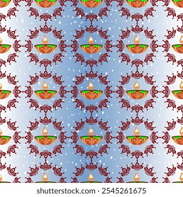 Um padrão diya sem emenda apresenta lâmpadas de óleo tradicionais, simbolizando a luz e a positividade, dispostos em um design repetitivo.