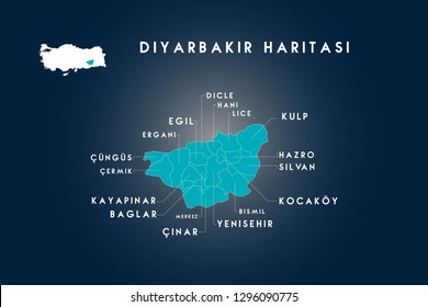 Diyarbakir districts egil, ergani, cungus, cermik, kayapinar, baglar, cinar, bismil, yenisehir, kocakoy, silvan, hazro, kulp, lice, hani, dicle  map, Turkey